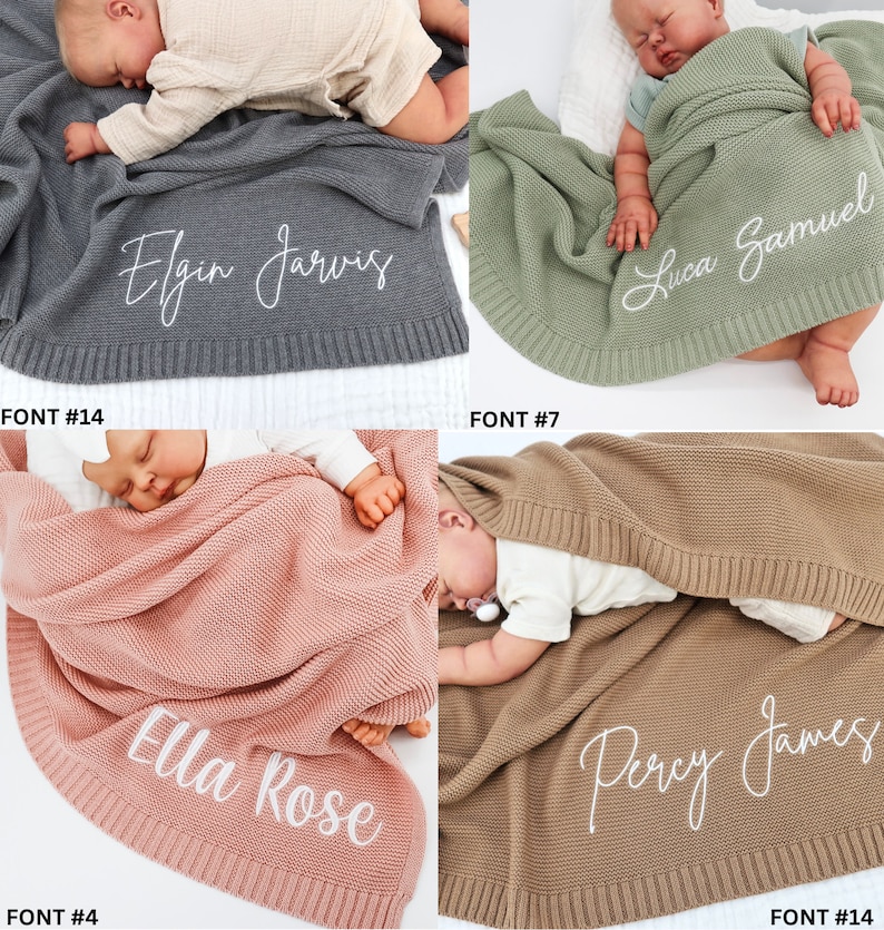 May include: Four baby blankets in different colors: gray, sage green, dusty rose, and tan. Each blanket has a knitted texture and a personalized name embroidered in white script. The names are Elgin Jarvis, Luca Samuel, Ella Rose, and Percy James.