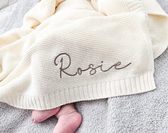 Baby Blanket, Embroidered Name, Stroller Blanket, Newborn Baby Gift, Soft Breathable Cotton Knit, Newborn Blanket, Keepsake Gift for Baby