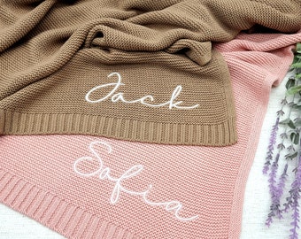 Baby Blanket, Embroidered Name, Stroller Blanket, Newborn Baby Gift, Soft Breathable Cotton Knit Baby blanket, Embroidered Baby Blanket