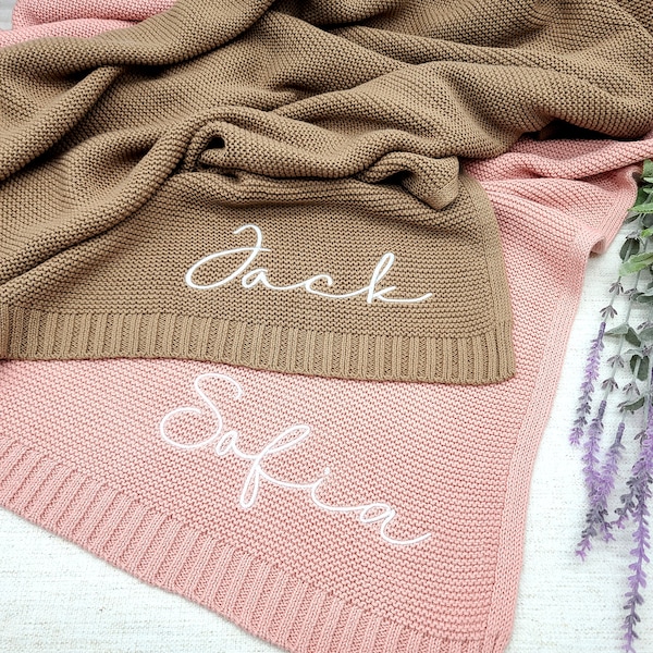 Baby Blanket, Embroidered Name, Stroller Blanket, Newborn Baby Gift, Soft Breathable Cotton Knit Baby blanket, Embroidered Baby Blanket