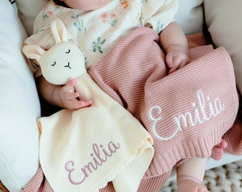Baby Blanket Set, Baby shower Gift, Embroidered Name, Stroller Blanket, Newborn Baby Gift, Soft Breathable Cotton Knit