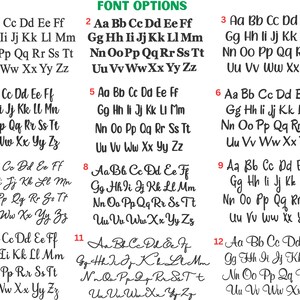 May include: A chart with 12 different font options for the letters A through Z. Each font is displayed in a separate box with the number 1 through 12 above each box. The font options are labeled "FONT OPTIONS" at the top of the chart.
