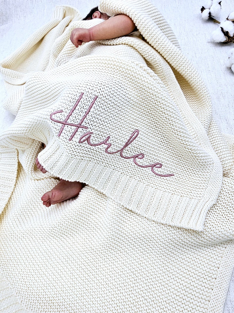 Personalized Embroidered baby Name,Stroller Blanket,Newborn Baby Gift ,Soft Breathable Cotton Knit, baby shower Gift image 1