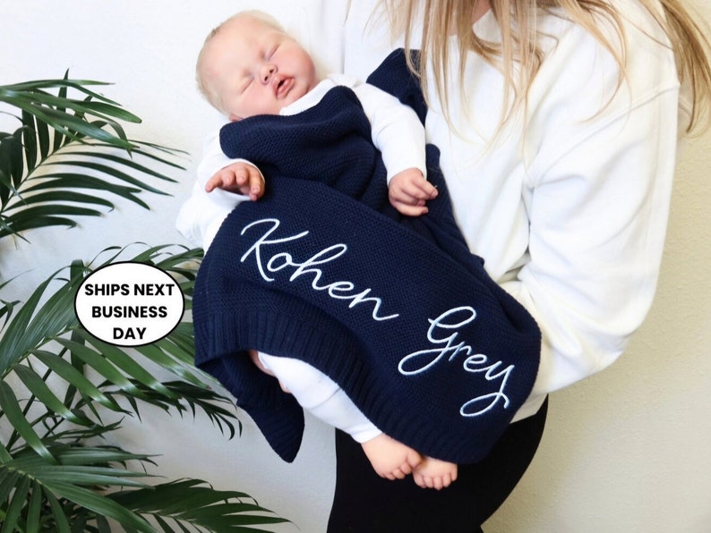 Baby Blanket, Baby gift, Newborn gift, Personalized Name, Stroller Blanket, Newborn Baby Gift, Soft Breathable Cotton Knit, baby shower Gift 画像 3