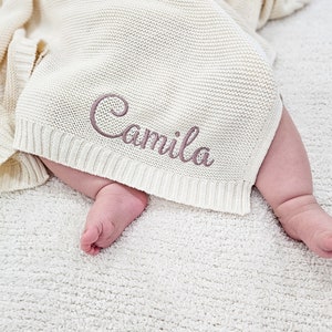 Custom Baby Blanket,Personalized Embroidered Name,Stroller Blanket,Newborn Baby Gift ,Soft Breathable Cotton Knit, baby shower Gift image 2