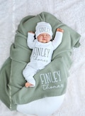 Baby outfit set with cotton knit blanket, personalized newborn gift, baby shower, homecoming set, baby bodysuit with matching hat