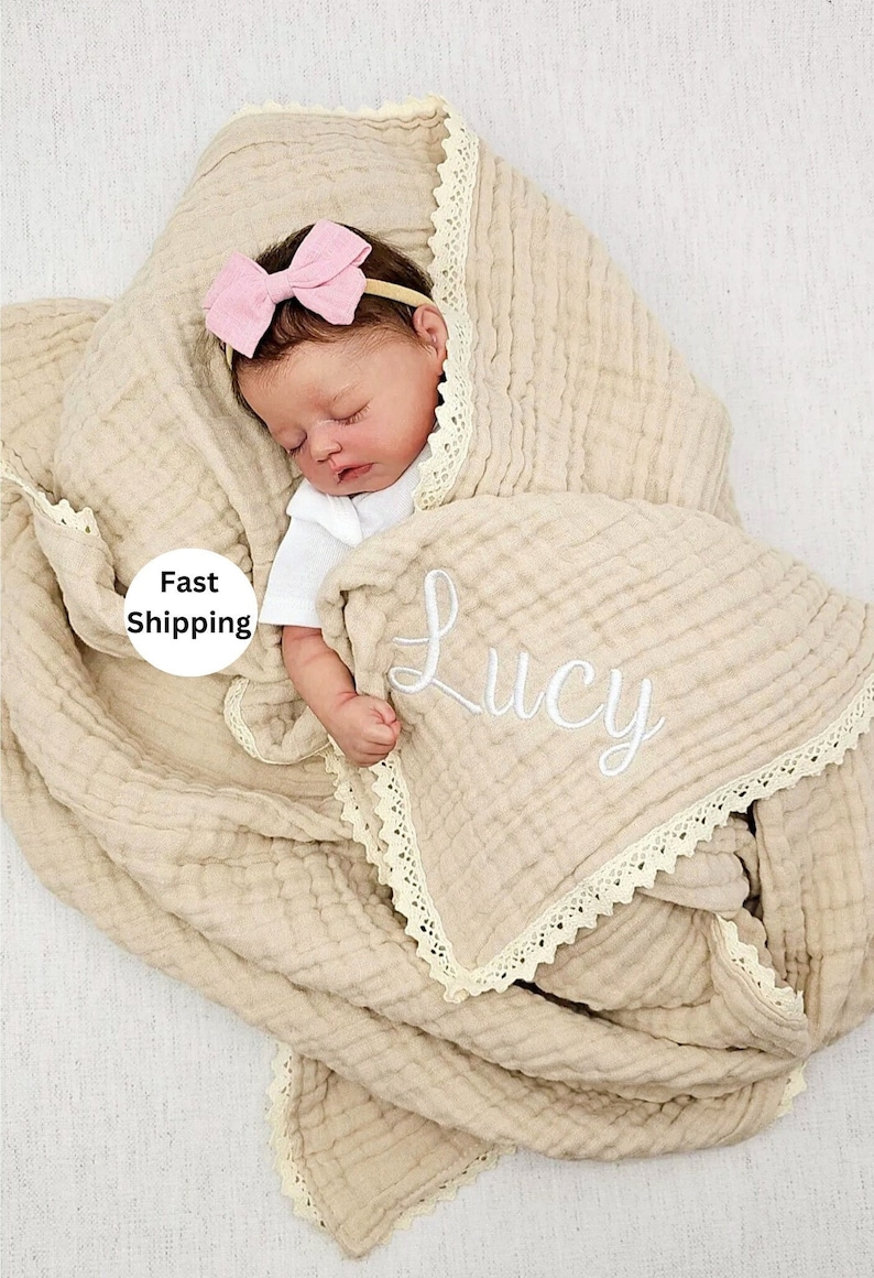 Baby Blanket, Organic Muslin blanket,Personalized baby blanket,Luxury Baby Swaddle Blanket, embroidered name baby blanket, baby shower gift. image 1