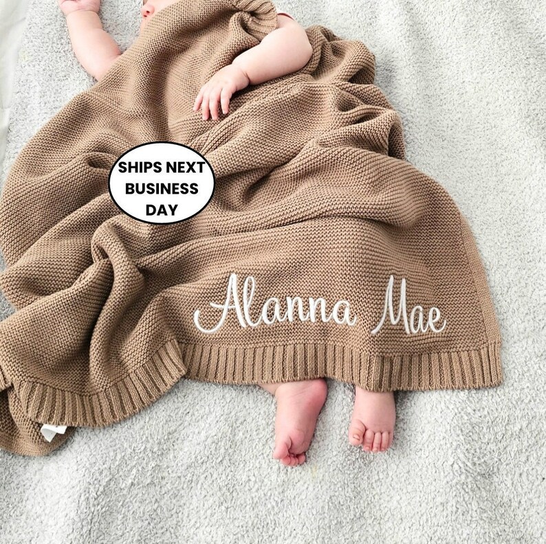 Baby Blanket gift, Embroidered Name, Stroller Blanket, Newborn Baby Gift, Soft Breathable Cotton Knit, newborn gift, custom baby blanket. image 1