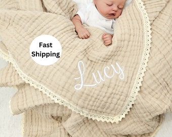 Manta de bebé de muselina orgánica, manta de bebé personalizada, manta de bebé de lujo, manta de bebé con nombre bordado, regalo de baby shower.
