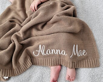 Baby Blanket, Embroidered Name, Stroller Blanket, Newborn Baby Gift, Soft Breathable Cotton Knit