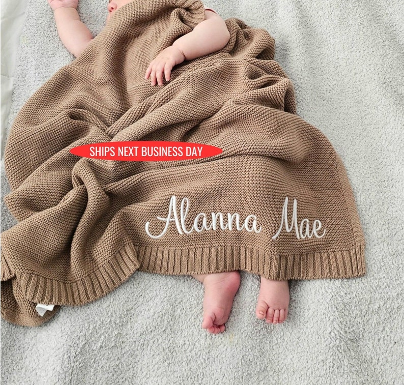 Baby Blanket gift, Embroidered Name, Stroller Blanket, Newborn Baby Gift, Soft Breathable Cotton Knit, newborn gift, custom baby blanket. image 1