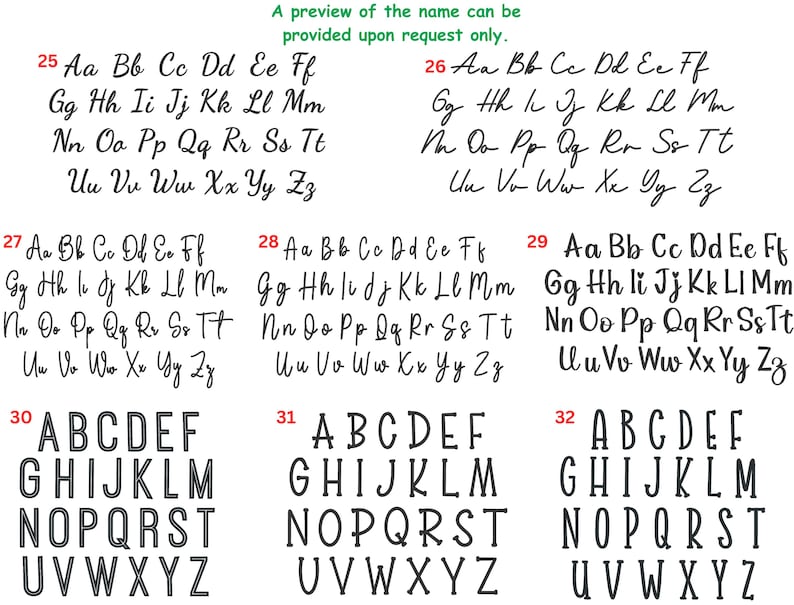 May include: A preview of different font styles for letters A through Z. The fonts are numbered 25 through 32. The fonts are in a variety of styles, including cursive, block, and script.