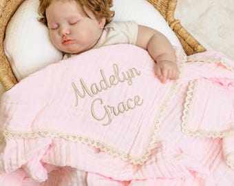 Organic 100% Cotton, Muslin blanket,Personalized baby blanket,Luxury Baby Swaddle Blanket, embroidered name baby blanket, baby shower gift.