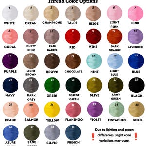 May include: A color chart displaying 39 thread color options, each in a numbered circle. Colors range from white to black, including shades of pink, blue, green, and yellow. Text at the top reads "Thread Color Options."