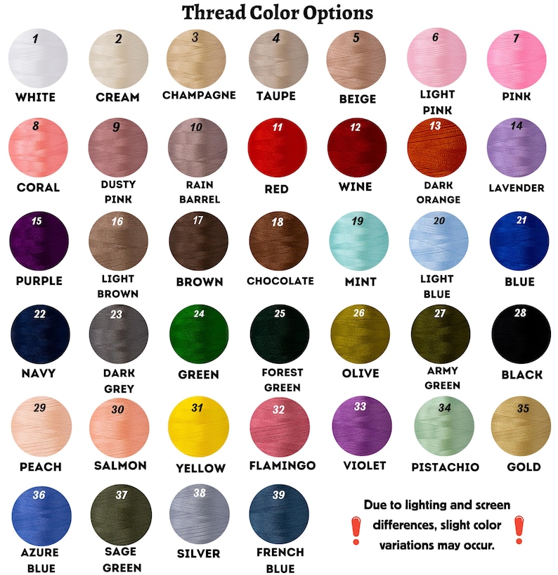 May include: A color chart displaying 39 thread color options, each in a numbered circle. Colors range from white to black, including shades of pink, blue, green, and yellow. Text at the top reads "Thread Color Options."