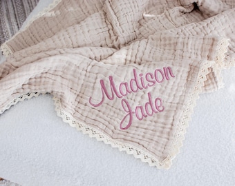 Baby Girl Blanket, Organic Muslin blanket, Personalized baby blanket Baby Swaddle Blanket, embroidered name baby blanket, baby shower gift.