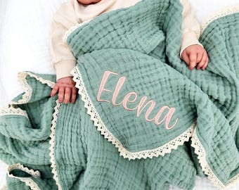 Personalized Muslin Baby Blanket, Organic Cotton Swaddle, Embroidered Name