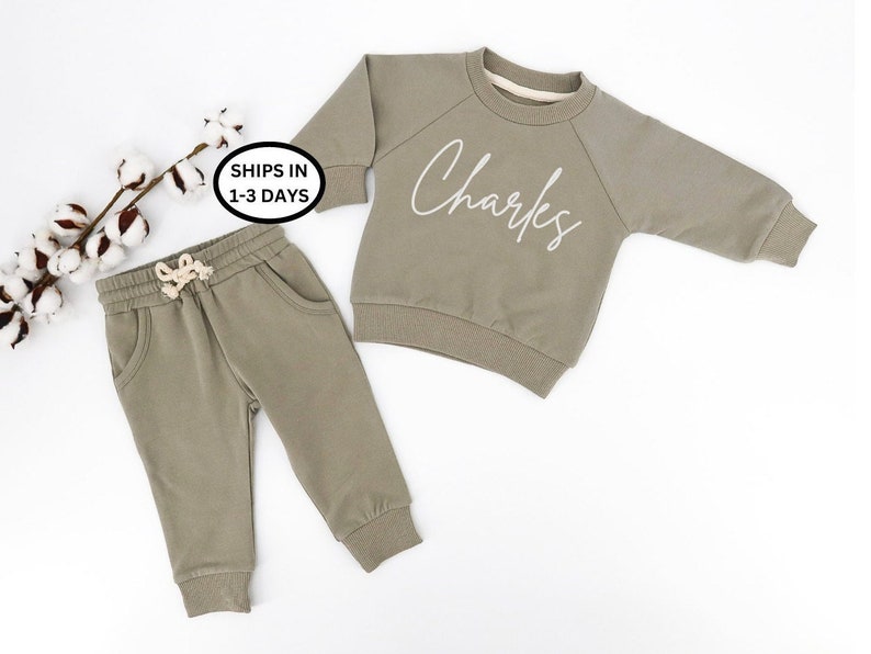 Jogger set for kids,2 pieces set, baby gift, Organic Cotton 2-Piece Baby Sweatsuit, Embroidered name name image 2