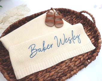 May include: A cream-colored baby blanket with the name "Baker Wesley" embroidered in blue script, resting in a woven basket. Brown leather baby sandals sit on top of the blanket. The basket is brown and has handles.