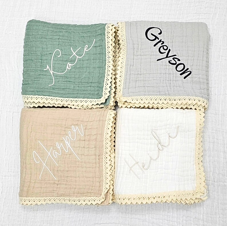 Baby Blanket, Organic Muslin blanket,Personalized baby blanket,Luxury Baby Swaddle Blanket, embroidered name baby blanket, baby shower gift. image 4