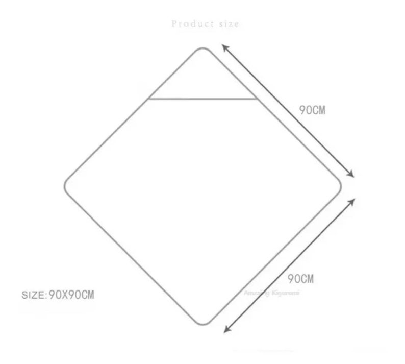 K&ouml;nnte beinhalten: Ein wei&szlig;es Babyhandtuch mit Kapuze, quadratisch, mit den Ma&szlig;en 90 cm x 90 cm. Das Bild enth&auml;lt Text, der die Produktgr&ouml;&szlig;e und die Ma&szlig;e angibt. Das Handtuch ist mit einer Kapuze versehen.