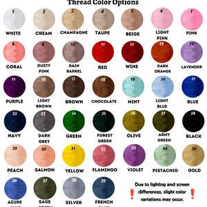 May include: A color chart displaying 39 thread color options, each in a numbered circle. Colors range from white to black, including shades of pink, blue, green, and yellow. Text at the top reads "Thread Color Options."