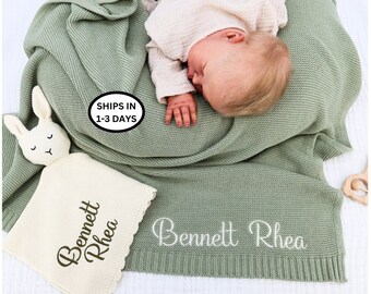 Baby Blanket Set, Baby shower Gift,2 pieces set Embroidered Name, Stroller Blanket, Newborn Baby Gift, Soft Breathable Cotton Knit