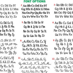 May include: Image showcasing 12 different font options, each displaying the alphabet from A to Z. The fonts vary in style, from simple block letters to elegant cursive scripts, with the words "FONT OPTIONS" at the top.