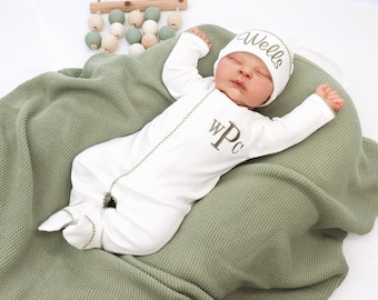 Baby Boy Footie, Personalized Newborn Outfit, Monogrammed Baby Sleeper, Custom Embroidered Name, Coming Home Outfit, Baby Shower Gift