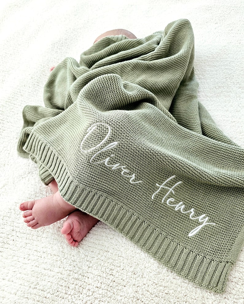 Baby Blanket,Personalized Embroidered Name,Stroller Blanket,Newborn Baby Gift ,Soft Breathable Cotton Knit, baby shower Gift image 1