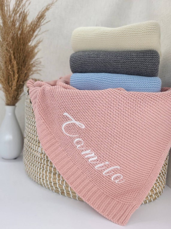 Knit Baby Blanket Embroidered Name Stroller Blanket Newborn Etsy