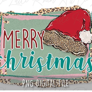 Christmas PNG File -Merry Christmas - Santa Hat Cheetah Leopard  - Sublimation File - Tshirt Designs - Glitter - Turquoise - Print Transfer