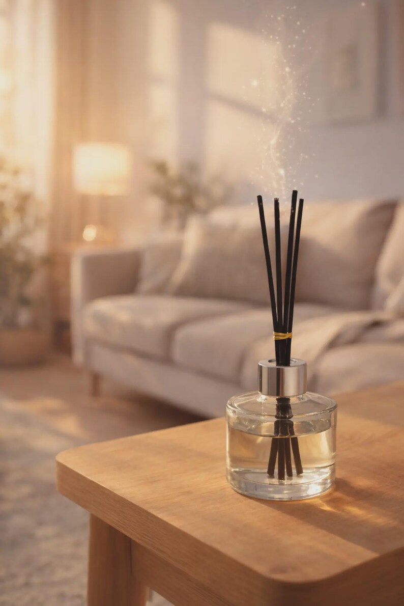 May include: A clear glass reed diffuser bottle with a silver-toned collar and five thin black reeds inserted into the liquid. A small gold-colored band secures the reeds together at the top, and a faint, glowing light effect emanates from the sticks.