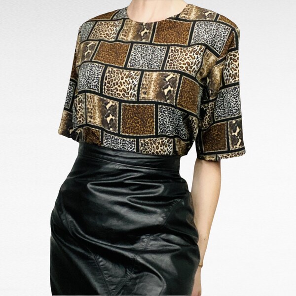 VINTAGE | 1980's Yves St. Clair Animal Cheetah Leopard Snake Printed Windowpane Short Sleeve Blouse