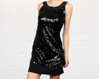 VINTAGE | Scarlett Nite Petite Black Sequined Sleeveless Shift Party Dress