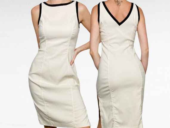 VINTAGE Express Contrast Cream Black Sleeveless Retro Classy Fitted Bodycon  Dress 