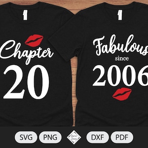 Puede incluir: Dos camisetas negras con texto blanco y un gráfico de labios rojos. Una camiseta dice "Chapter 20" y la otra dice "Fabulous since 2006". Las camisetas son probablemente para un cumpleaños o aniversario.