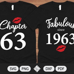 May include: Two black t-shirts with white text and red lip graphics. One shirt says "Chapter 63" with a red lip graphic, and the other says "Fabulous since 1963" with a red lip graphic. The shirts are likely for a birthday.
