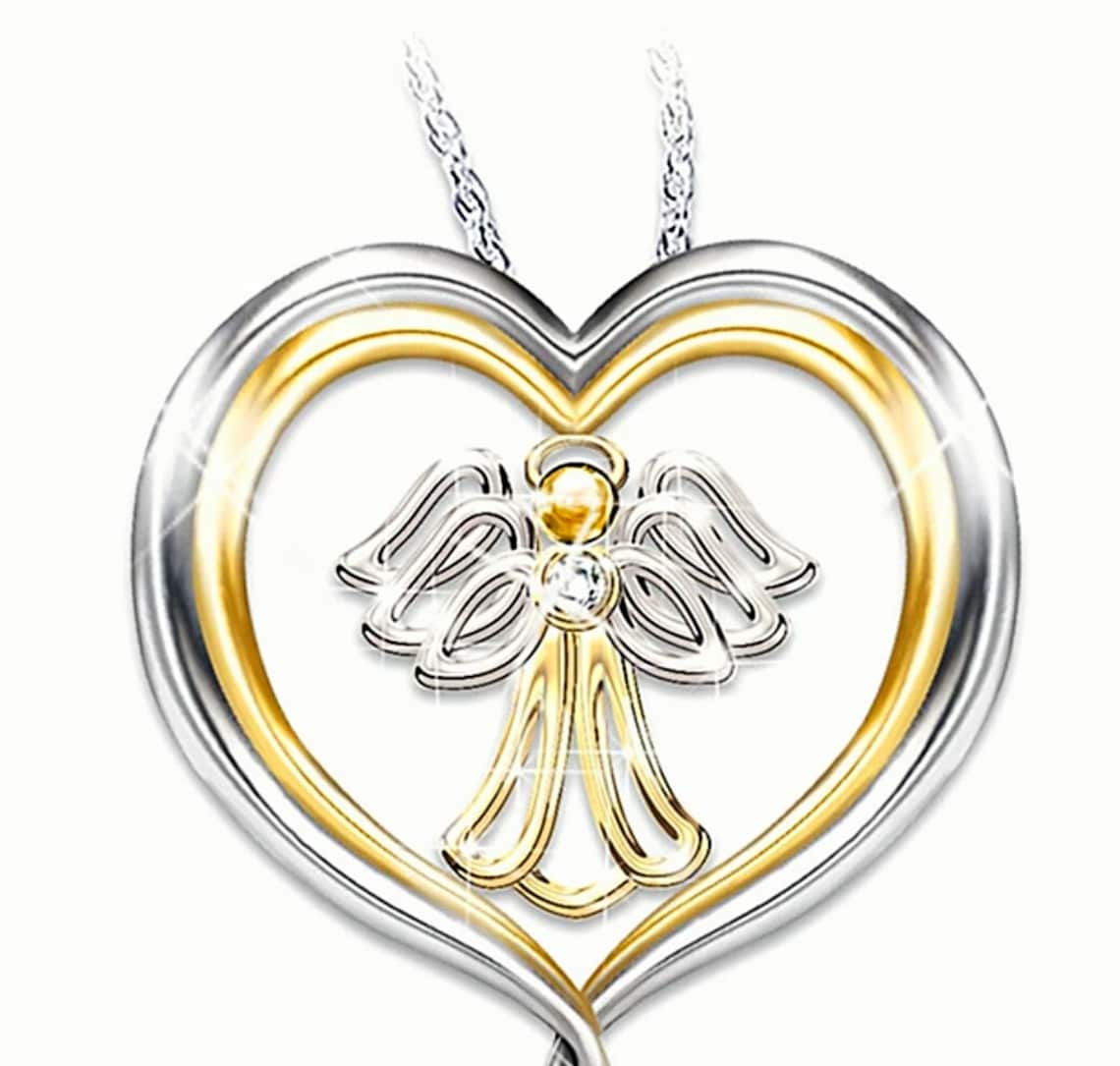 Guardian Angel Necklace for Woman. Angel Heart Pendant With Rhinestone