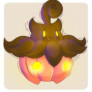 May include: A brown and pink cartoon pumpkin with a swirl on top and glowing yellow eyes. The pumpkin has a small mouth with two fangs.