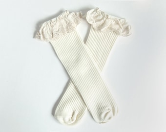 Baby Knee High Socks in Ivory, Baby Knee High Laced Socks Toddler Socks, Baby Socks, Ribbed Baby Socks, Ruffle Knee High Socks, Baby Socks