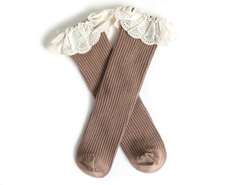 Baby Knee High Socks in Brown, Baby Knee High Laced Socks Toddler Socks, Baby Socks, Ribbed Baby Socks, Ruffle Knee High Socks, Baby Socks