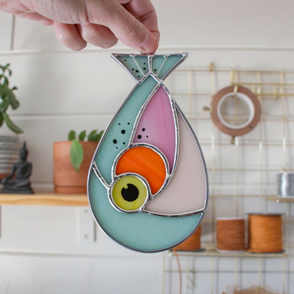 Fish Drop Stained Glass Sun Catcher - Rainbow, Modern Window Art, Home Decor