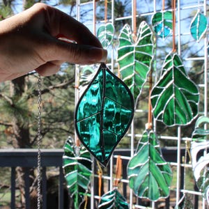 Mini Teal Stained Glass Leaf Sun Catcher - Modern Window Art Decor