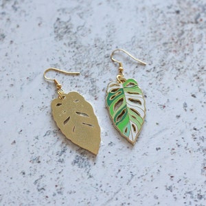 Monstera Obliqua Leaf Earrings Gold Color Hard Enamel Jewelry image 5