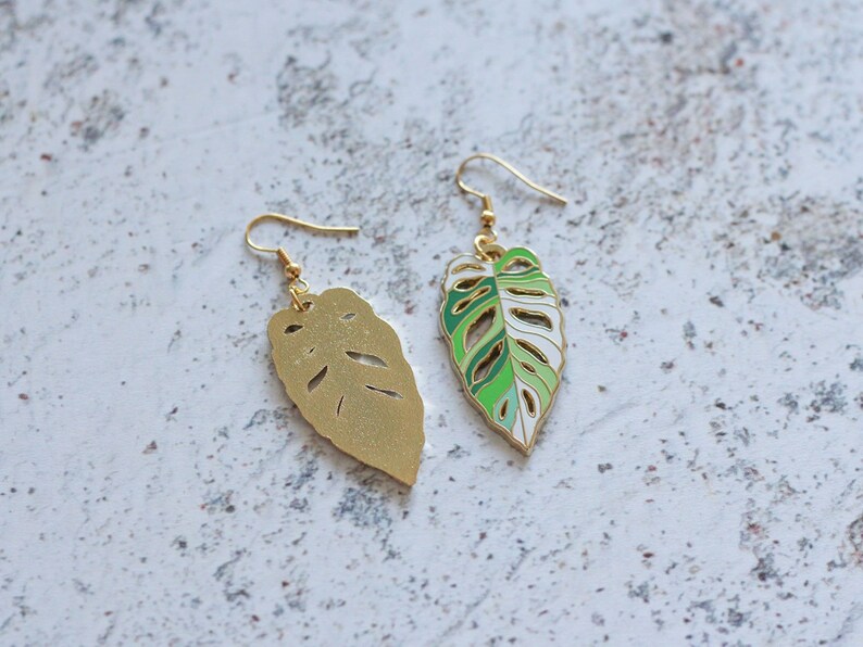 Monstera Obliqua Leaf Earrings Gold Color Hard Enamel Jewelry image 5