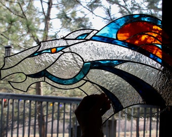 Denver Broncos Stained Glass Panel - Horse Head Hanging Sun Catcher Window Decor, panel