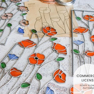 PATTERNS • Poppy Flower Stained Glass Panel Patterns • Digital Download: Commercial License