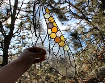 Large Honeycomb Bee Wing Stained Glass Panel -  Window Hanging Decor Art