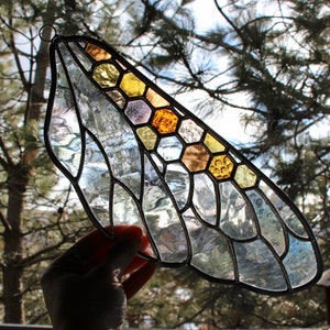 Honeycomb Bee Wing Stained Glass Panel -  Window Hanging Decor Art